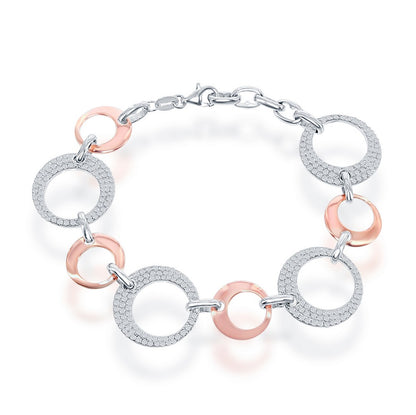 Sterling Silver Alternating Shiny Open Circle with CZ Larger Open Circle Bracelet - Rose Gold Plated