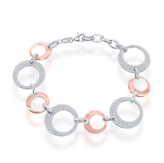 Sterling Silver Alternating Shiny Open Circle with CZ Larger Open Circle Bracelet - Rose Gold Plated