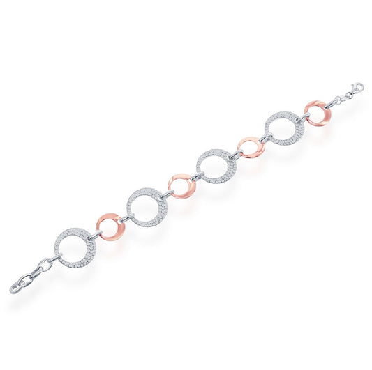 Sterling Silver Alternating Shiny Open Circle with CZ Larger Open Circle Bracelet - Rose Gold Plated