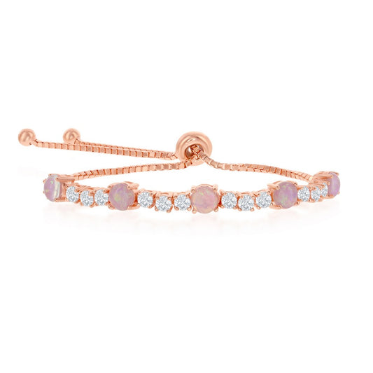Sterling Silver Alternating Four-Prong CZ & Pink Opal Adjustable Bolo Bracelet - Rose Gold Plated