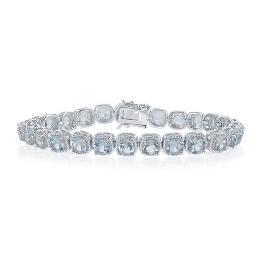 Sterling Silver Square Gem Bracelet, with Rope Border Design - Blue Topaz
