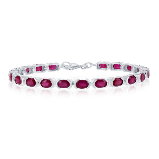 Sterling Silver 6x4mm Oval, Gem Tennis Bracelet, 14.5cttw Glass Filled Ruby