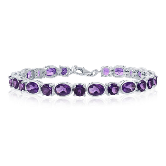 Sterling Silver Alternating 5mm Round & 7x5mm Oval Gem Bracelet, 13.54cttw Amethyst