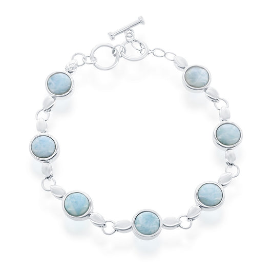 Sterling Silver, Round Bezel-Set Larimar Linked Toggle Bracelet