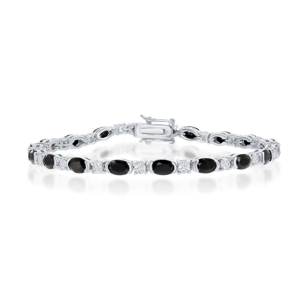 Sterling Silver Alternating Oval Black Spinel and Round White Topaz Stone Bracelet