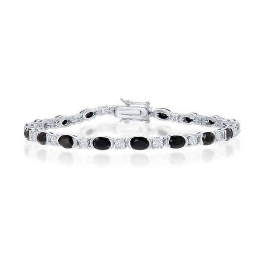 Sterling Silver Alternating Oval Black Spinel and Round White Topaz Stone Bracelet