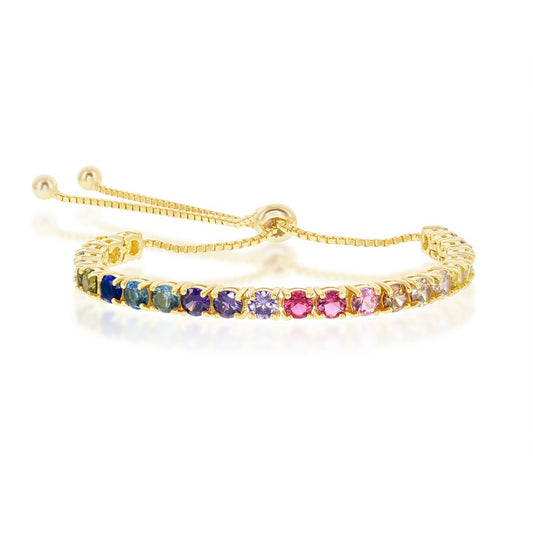 Sterling Silver Rainbow CZ 4mm Adjustable Bolo Bracelet - Gold Plated