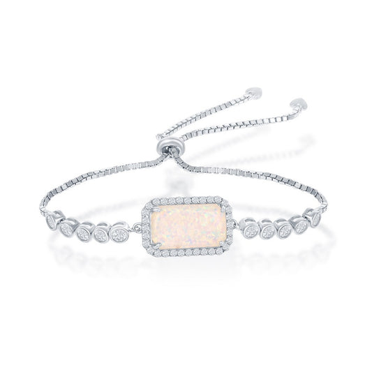 Sterling Silver Rectangle White Opal with CZ Border Adjustable Bolo Bracelet