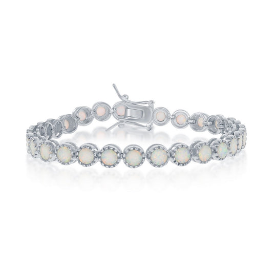Sterling Silver Round White Inlay Opal With Beaded Border Tennis Bracelet