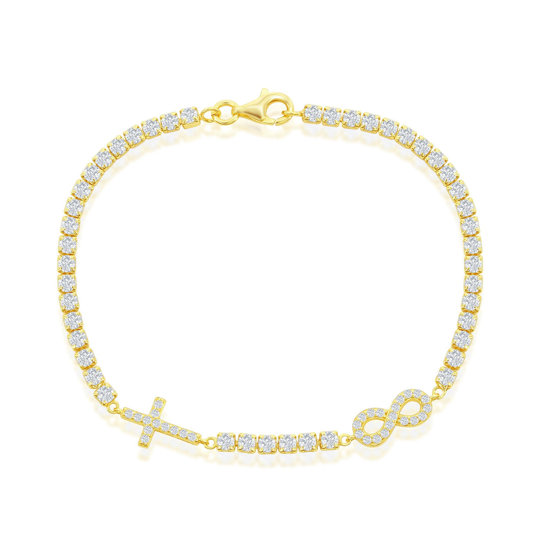 Sterling Silver Infinity & Cross Tennis Bracelet - Gold Plated