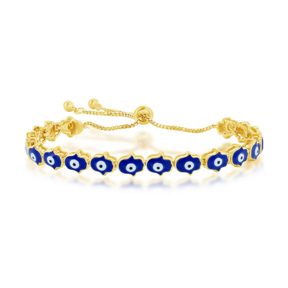 Sterling Silver, Blue Enamel Evil Eye Hamsa Adjustable Bolo Bracelet - Gold Plated