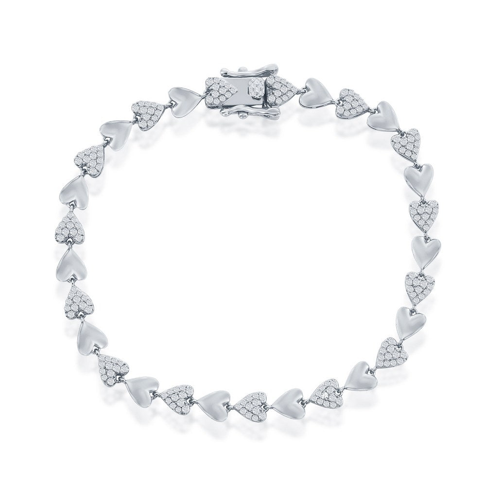 Sterling Silver Alternating Polished & Micro Pave CZ Heart Bracelet