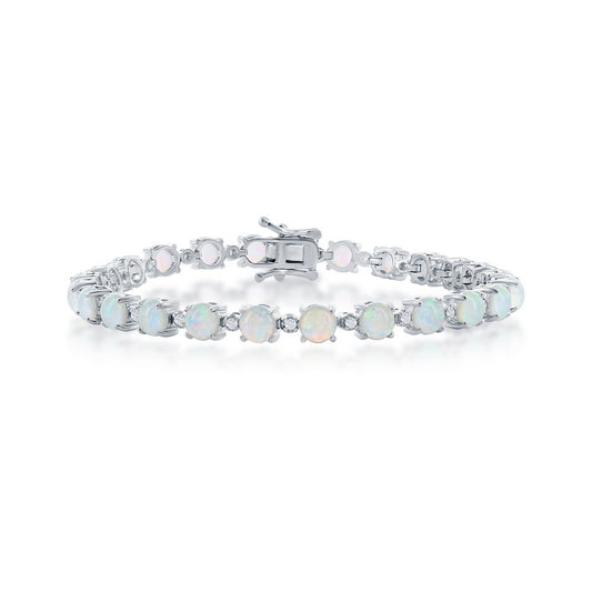 Sterling Silver, Alternating Round White Opal & CZ Tennis Bracelet