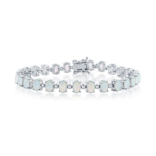 Sterling Silver, Alternating Oval White Opal & Small CZ Tennis Bracelet