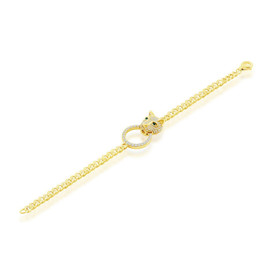 Sterling Silver CZ Emerald Eyes Panther, Circle CZ Bracelet - Gold Plated