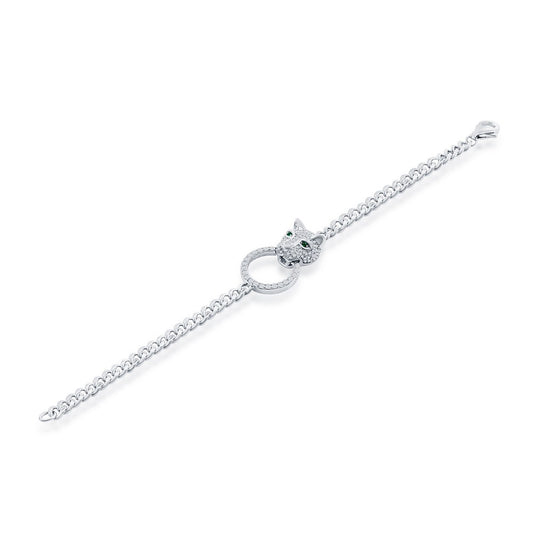 Sterling Silver CZ Emerald Eyes Panther, Circle CZ Bracelet