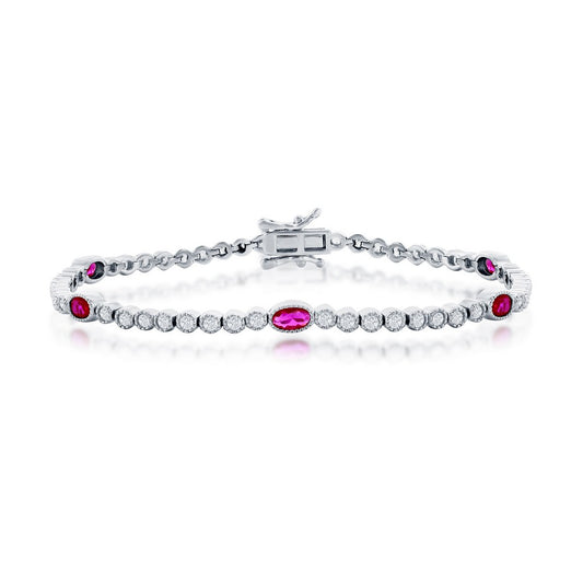 Sterling Silver Beaded Outline Round & Oval CZ Bracelet - Ruby