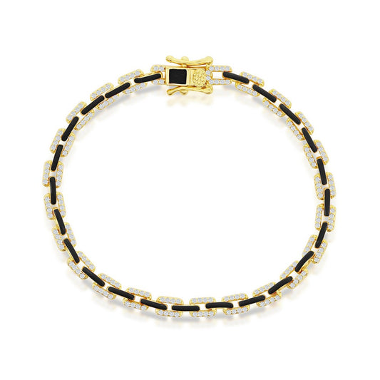 Sterling Silver Black Enamel & CZ Link Bracelet - Gold Plated