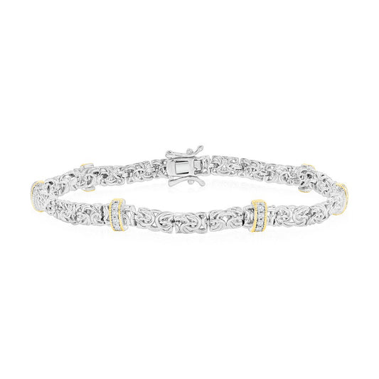 Sterling Silver Byzantine Design CZ Bracelet - Two-Tone