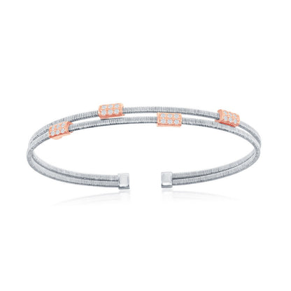 Sterling Silver Wire Designer Bangle, Set with CZ, Bonded with 14K Rose Gold, MADE IN ITALY