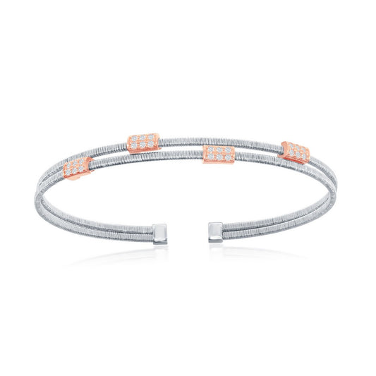 Sterling Silver Wire Designer Bangle, Set with CZ, Bonded with 14K Rose Gold, MADE IN ITALY
