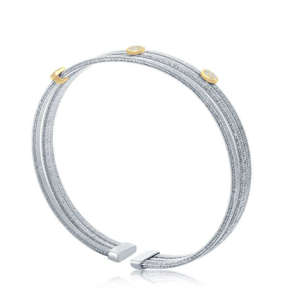 Sterling Silver Round CZ Triple Wire Bangle, Bonded with 14K Gold Plating