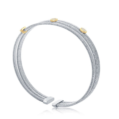 Sterling Silver Round CZ Triple Wire Bangle, Bonded with 14K Gold Plating