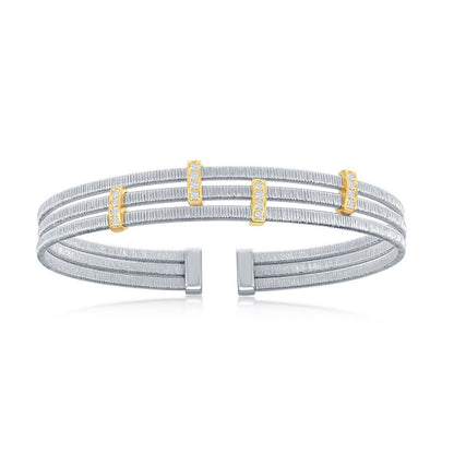 Sterling Silver CZ Bars Triple Wire Bangle, Bonded with 14K Gold Plating