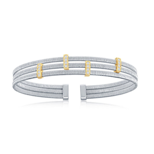 Sterling Silver CZ Bars Triple Wire Bangle, Bonded with 14K Gold Plating