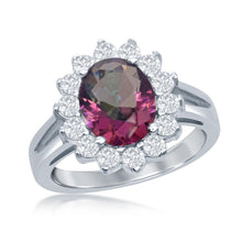 Load image into Gallery viewer, Sterling Silver Oval Rainbow CZ with Clear CZ Border Stud Ring
