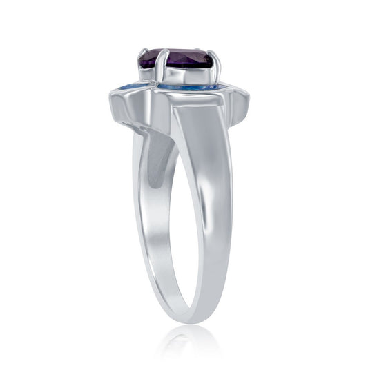 Sterling Silver Blue Inlay Opal Flower with Center Amethyst Ring