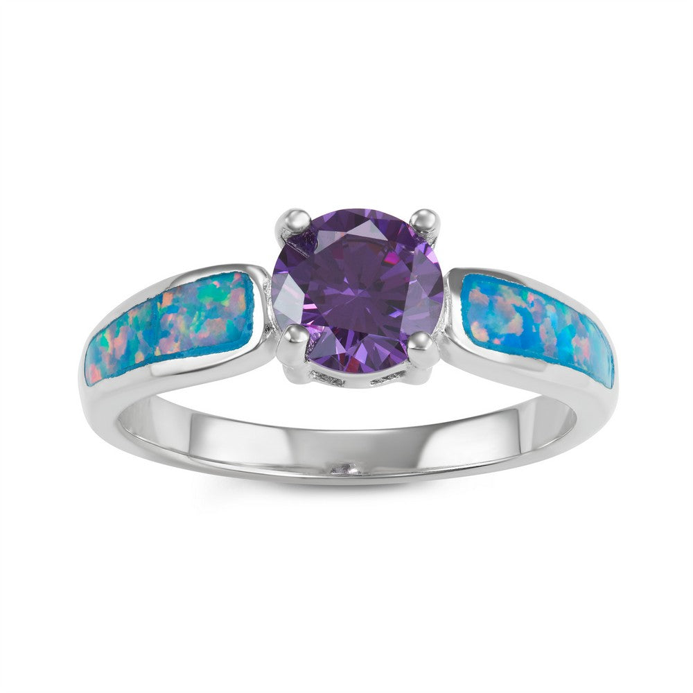 Sterling Silver Blue Green Fire Inlay Opal with Center Amethyst CZ Ring