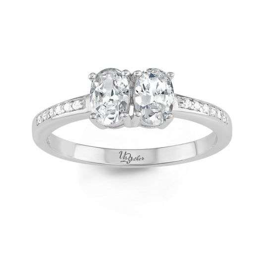 Sterling Silver "Us2gether" Oval Two-Stone Side by Side CZ with Half CZ Band Ring