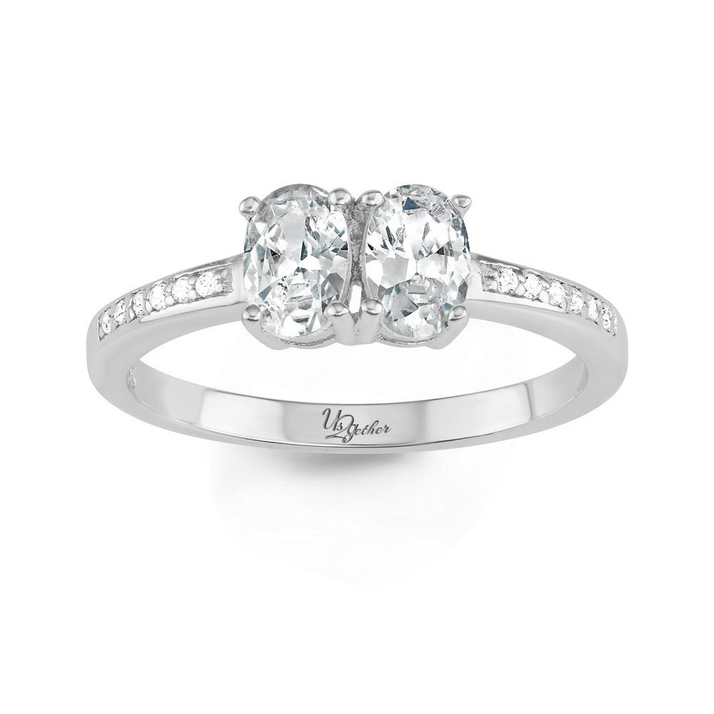 Sterling Silver "Us2gether" Oval Two-Stone Side by Side CZ with Half CZ Band Ring