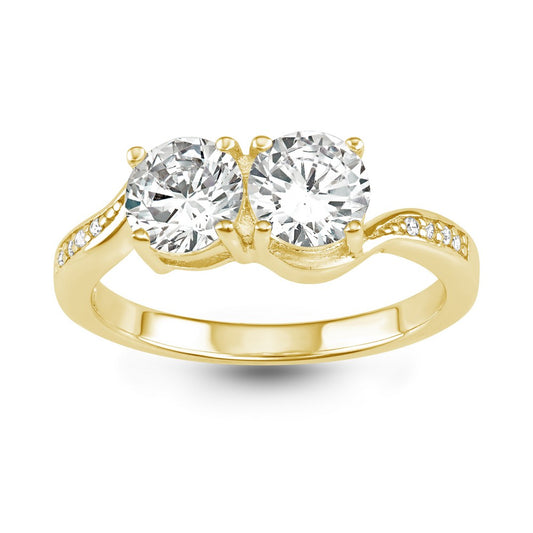 Sterling Silver GP "Us2gether" 6mm Round Two-Stone CZ with Half CZ Band Ring