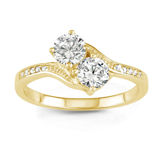 Sterling Silverc"Us2gether" 5mm Round Two-Stone CZ with Half CZ Band Ring - Gold Plated