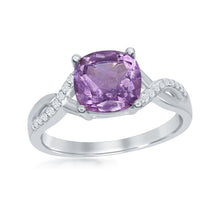 Load image into Gallery viewer, Sterling Silver Small Square Amethyst with White Topaz on Side Ring
