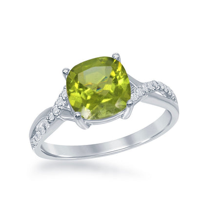 Sterling Silver Small Square Peridot with White Topaz on Side Ring