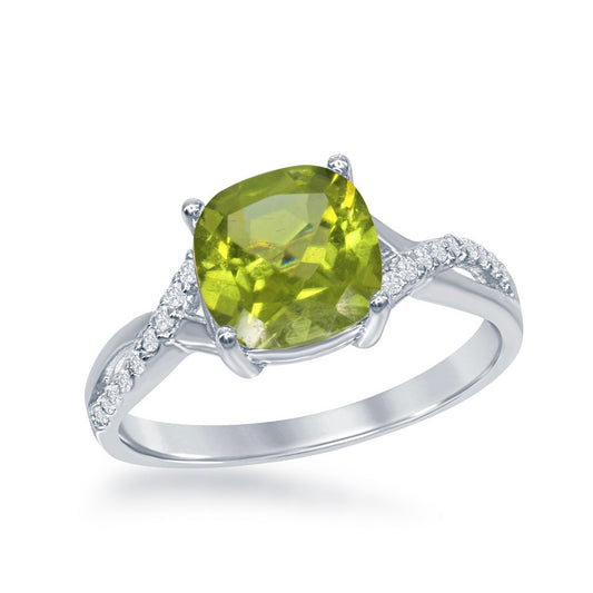 Sterling Silver Small Square Peridot with White Topaz on Side Ring