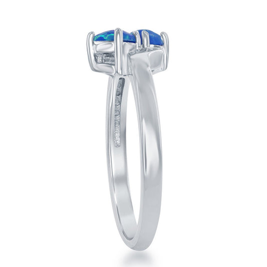 Sterling Silver "Us2gether" Oval Two-Stone Side by Side Round Blue Opal with CZ Ring