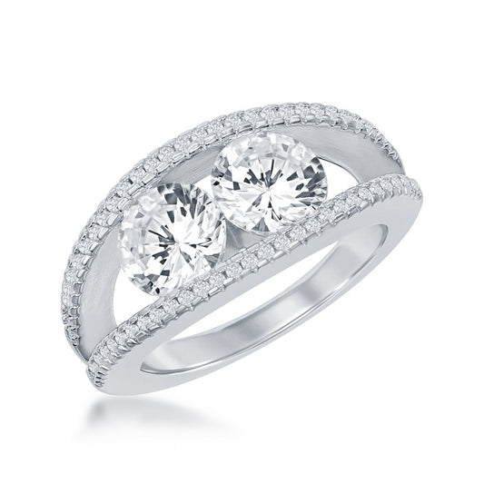 Sterling Silver "Us2gether" Double Band with Center Two-Stone CZ's Ring