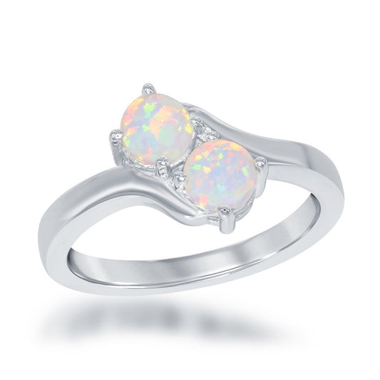 Sterling Silver, Two-Stone Round White Opal Ring