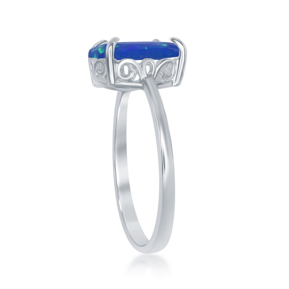 Sterling Silver Four-Prong Blue Inlay Opal Oval Ring