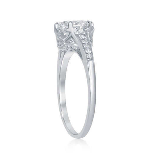 Sterling Silver Round CZ with Half CZ Border Ring