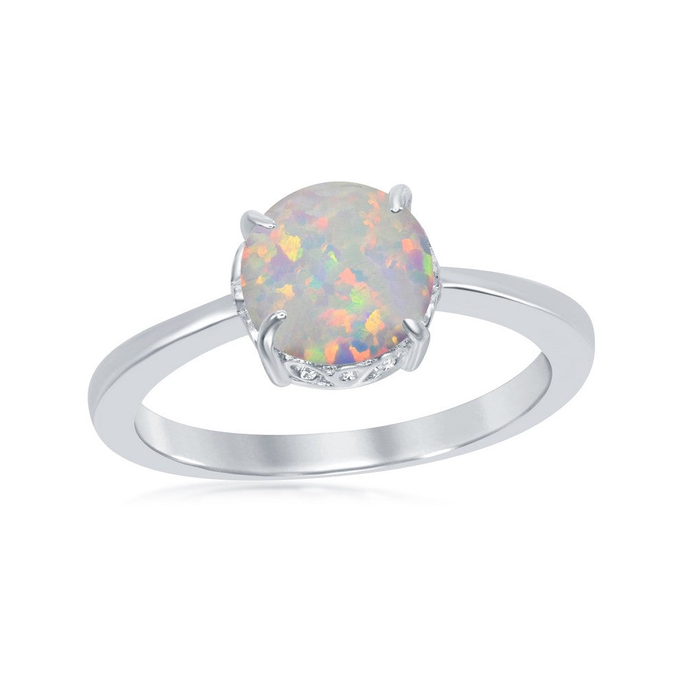 Sterling Silver, Four-Prong Round White Inlay Opal Ring