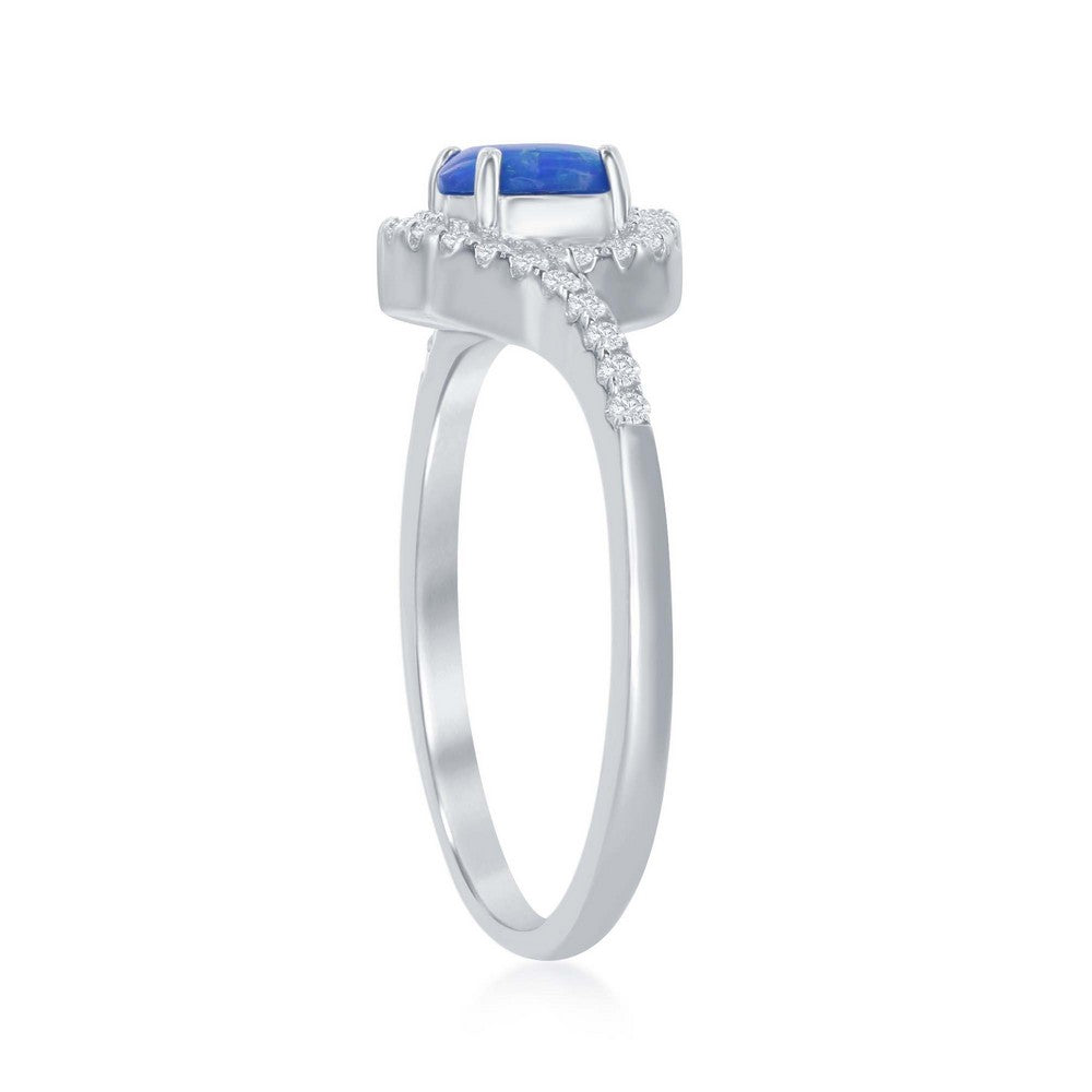 Sterling Silver Round Blue Inlay Opal with Half CZ Border Ring
