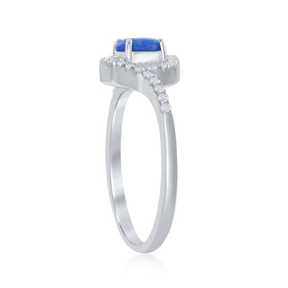 Sterling Silver Round Blue Inlay Opal with Half CZ Border Ring