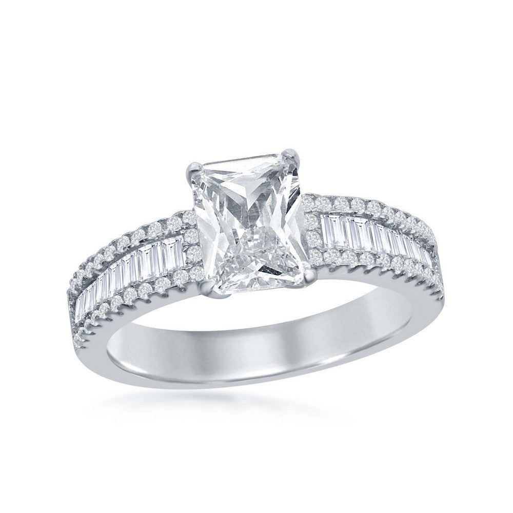 Sterling Silver Emerald Cut CZ Center w/ Half Baguette CZ Band Engagement Ring
