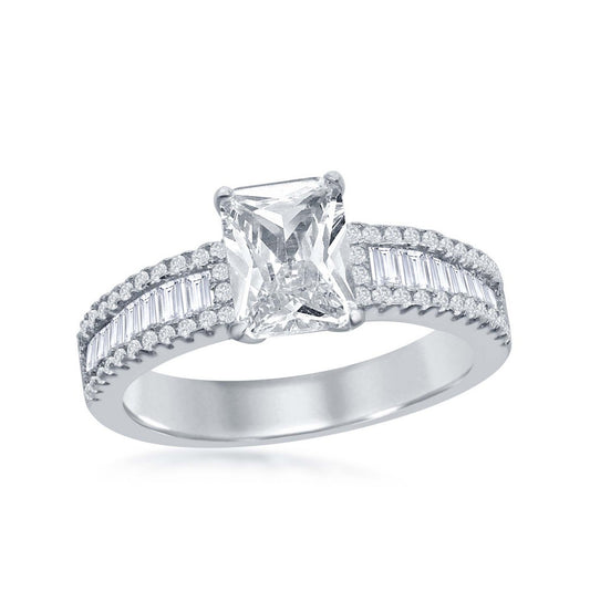 Sterling Silver Emerald Cut CZ Center w/ Half Baguette CZ Band Engagement Ring