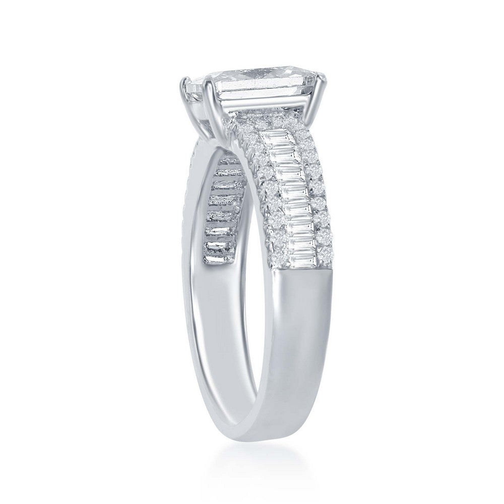 Sterling Silver Emerald Cut CZ Center w/ Half Baguette CZ Band Engagement Ring